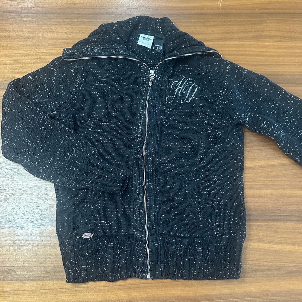 Harley Davidson Black/Silver Cotton Knit Sweater Zip Cardigan Embroidered, Large